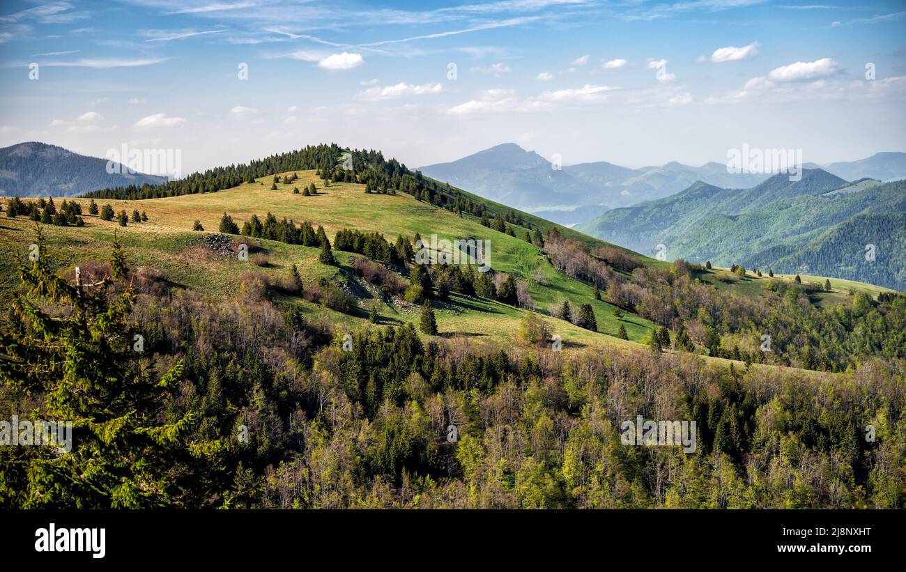 Colorido paisaje de montaña primaveral. Monte Maly Zwolen, el Bajo Tatras, Eslovaquia. Foto de stock