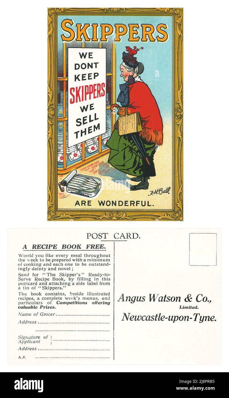 Postal vintage publicidad Skippers pescado estañado. Ilustrado por F. H. Ball. Foto de stock