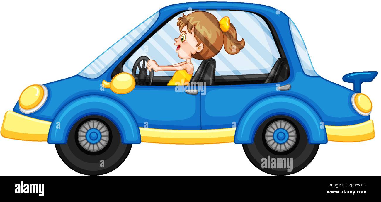 Caricatura niña conduciendo coche azul ilustración Imagen Vector de stock -  Alamy