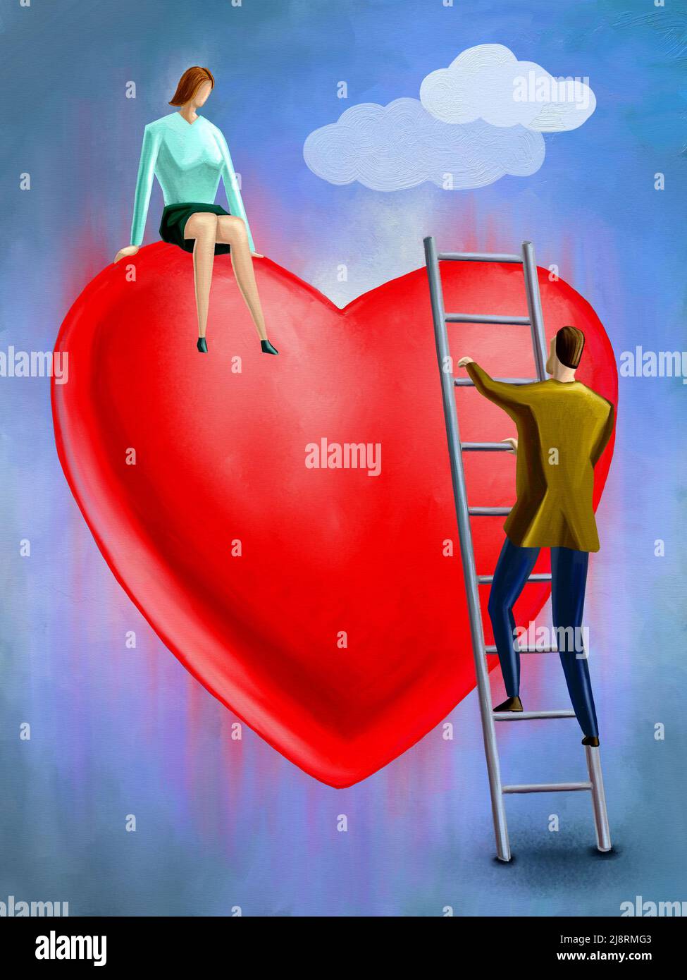 Hombre subiendo una escalera para alcanzar a su amante. Pintura digital. Foto de stock