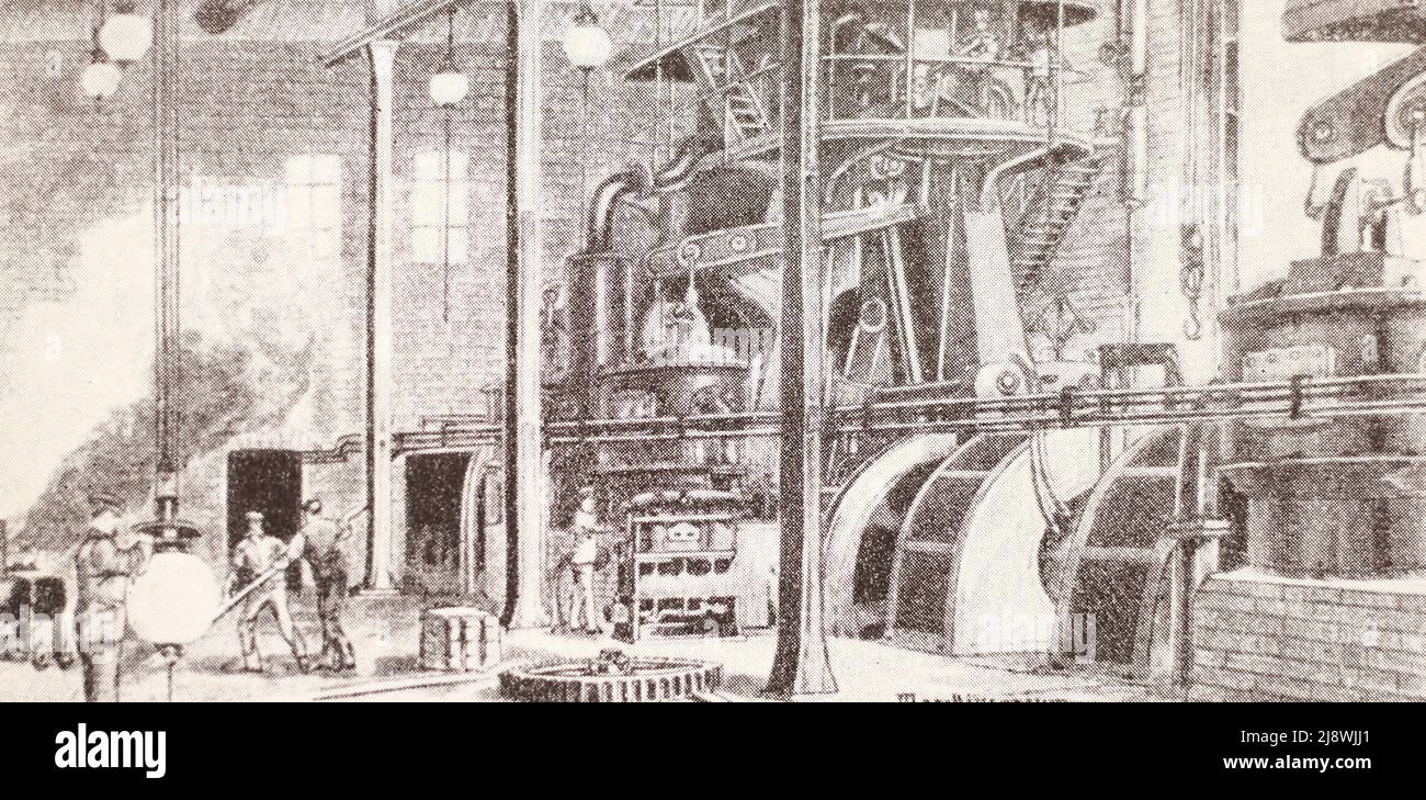 Sala de máquinas de la central eléctrica de Berlín. Grabado de 1890. Foto de stock