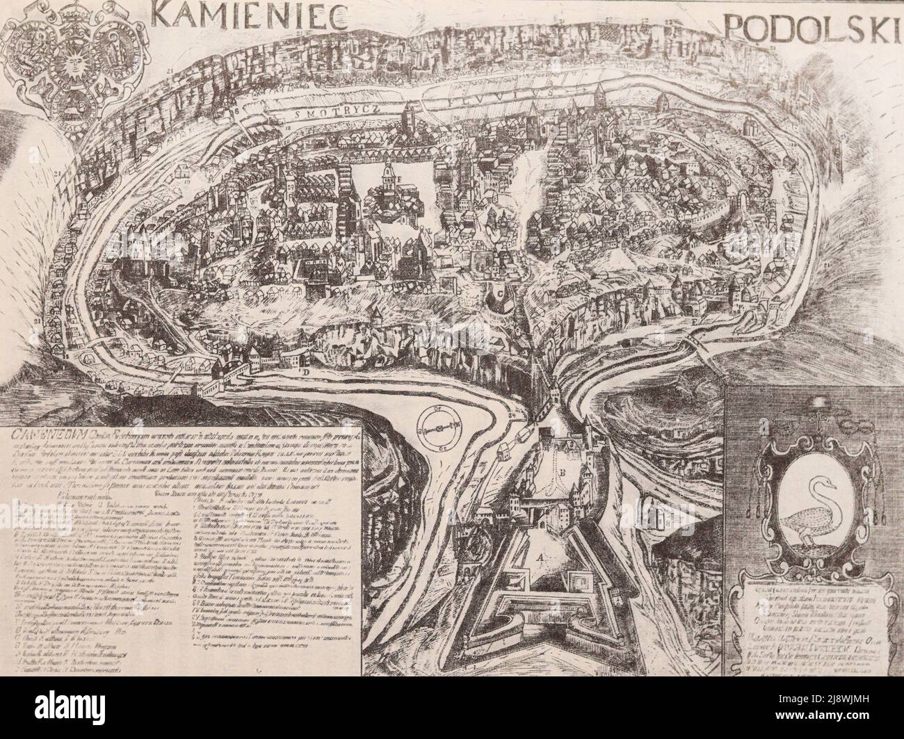 Plano de la ciudad de Kamianets-Podilskyi. Grabado de 1672. Foto de stock