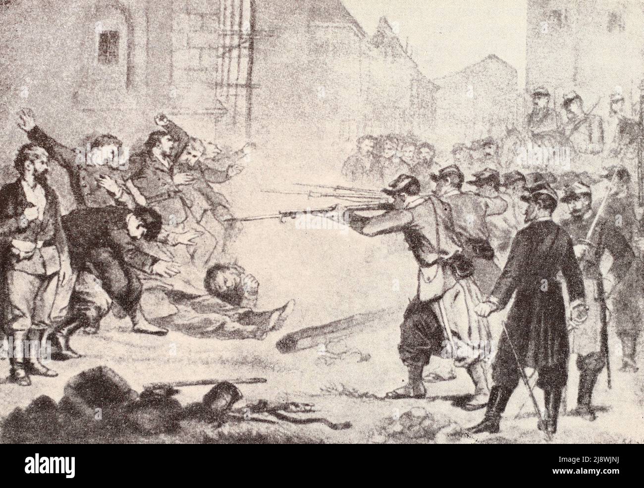 La ejecución de los Comundos en una de las calles de París. Dibujo de 1871. Foto de stock