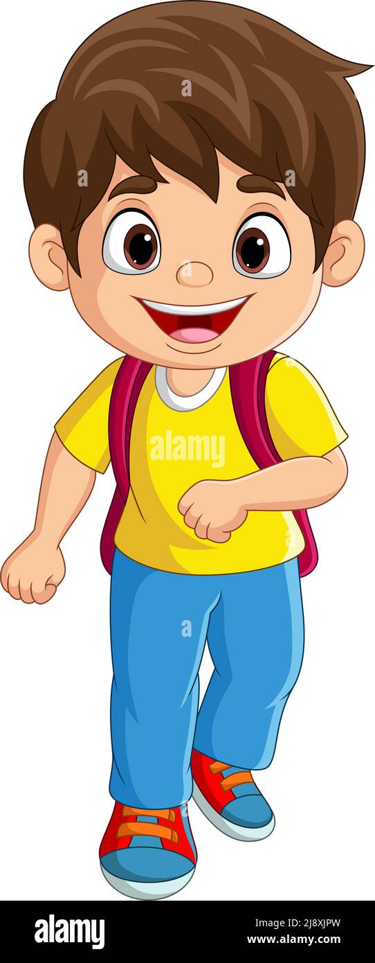  Niño con mochila de dibujos animados ir a la escuela Imagen Vector de stock