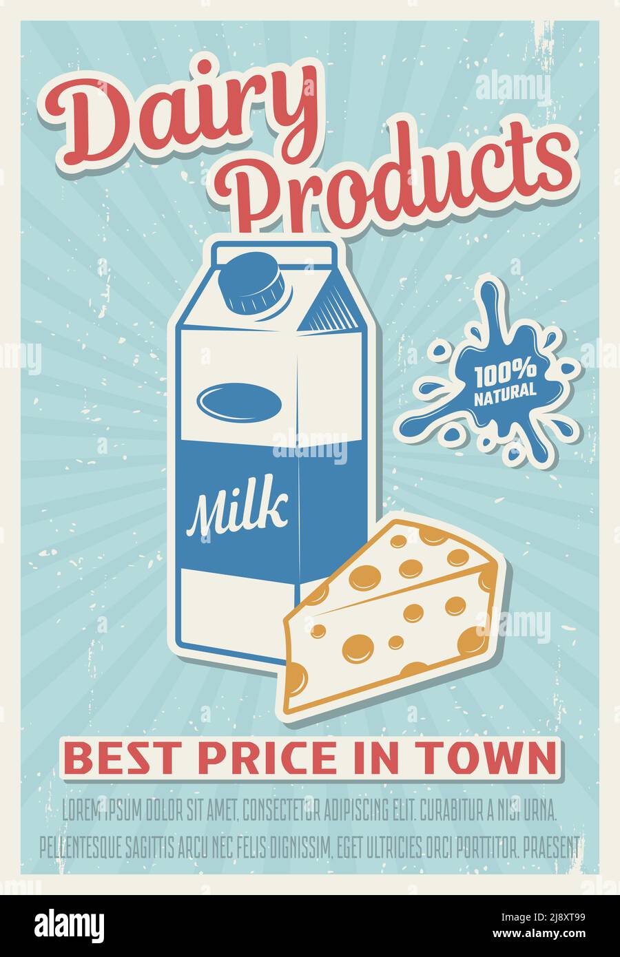 Productos lácteos póster estilo retro en color azul con rojo letterings paquete de leche y queso vector ilustración Ilustración del Vector