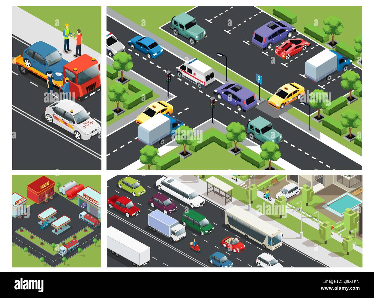 Composición isométrica del tráfico urbano con los coches que se desplazan en el aparcamiento construcción de gasolinera y ayuda en carretera vector ilustración Ilustración del Vector