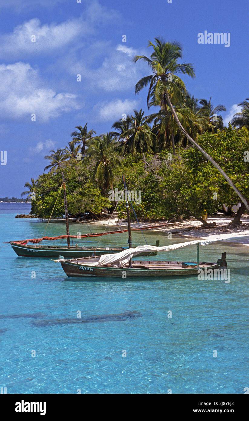 Barcos de pesca tradicionales, llamados Dhoni en la laguna de una isla de maldivas, el océano Índico, Asia Foto de stock