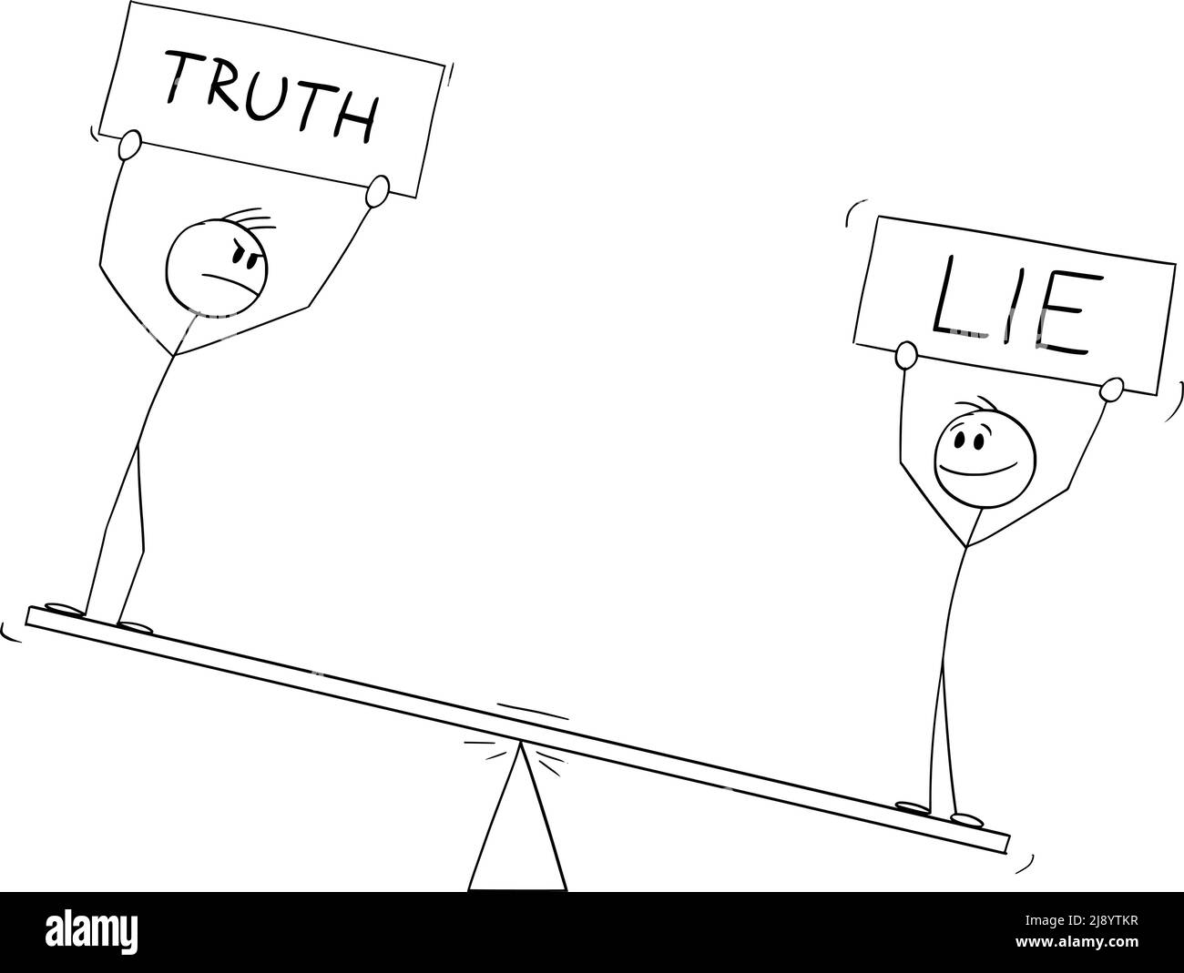 Dos personas en escalas de equilibrio sosteniendo los signos de mentira y verdad , Vector Cartoon Stick Ilustración de la figura Ilustración del Vector