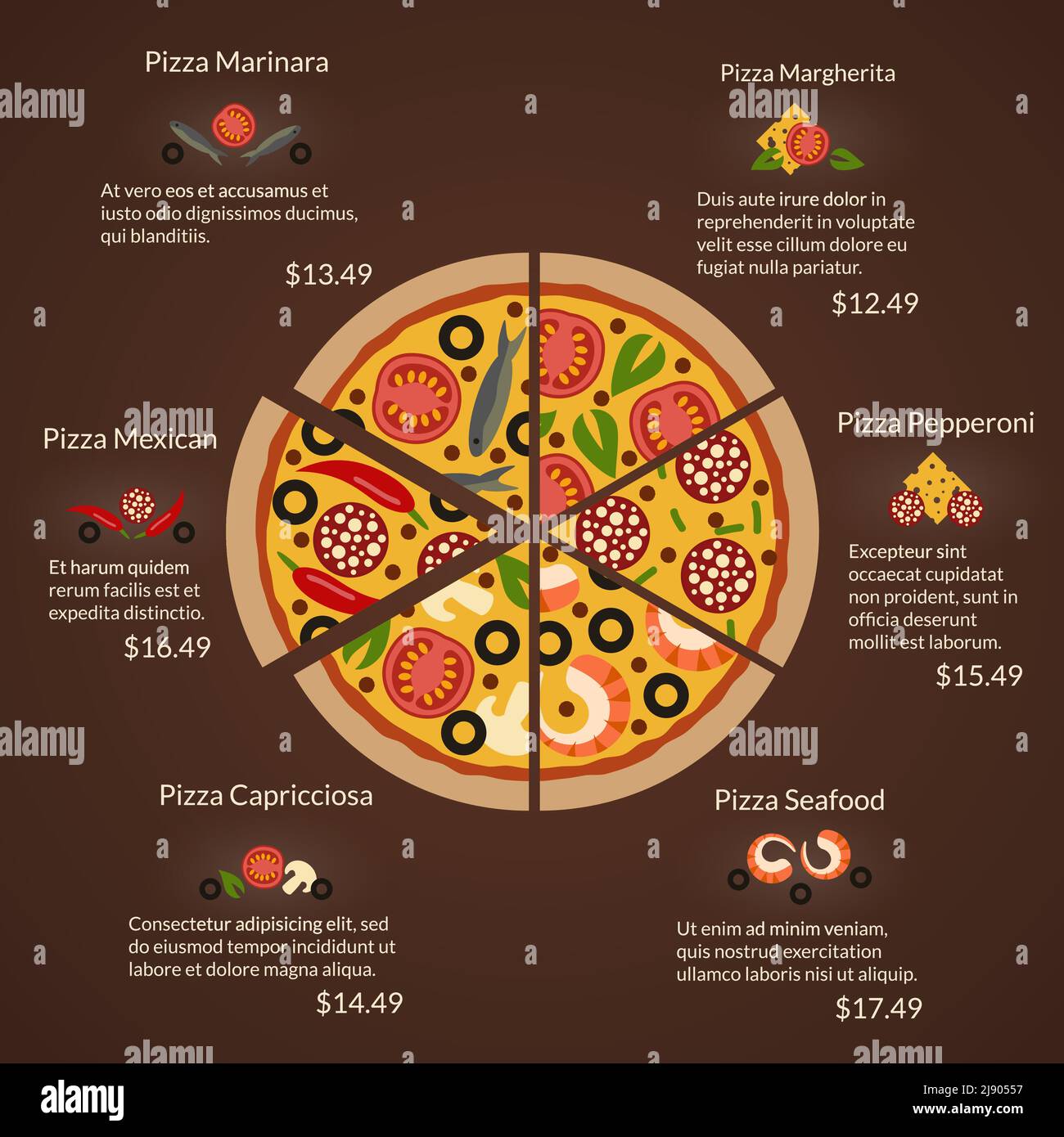 Pizza redonda con diferentes tipos de rebanadas e ingredientes en estilo vector plano. Mariscos y margherita, capricciosa y pepperoni, mexicana y marinara Ilustración del Vector
