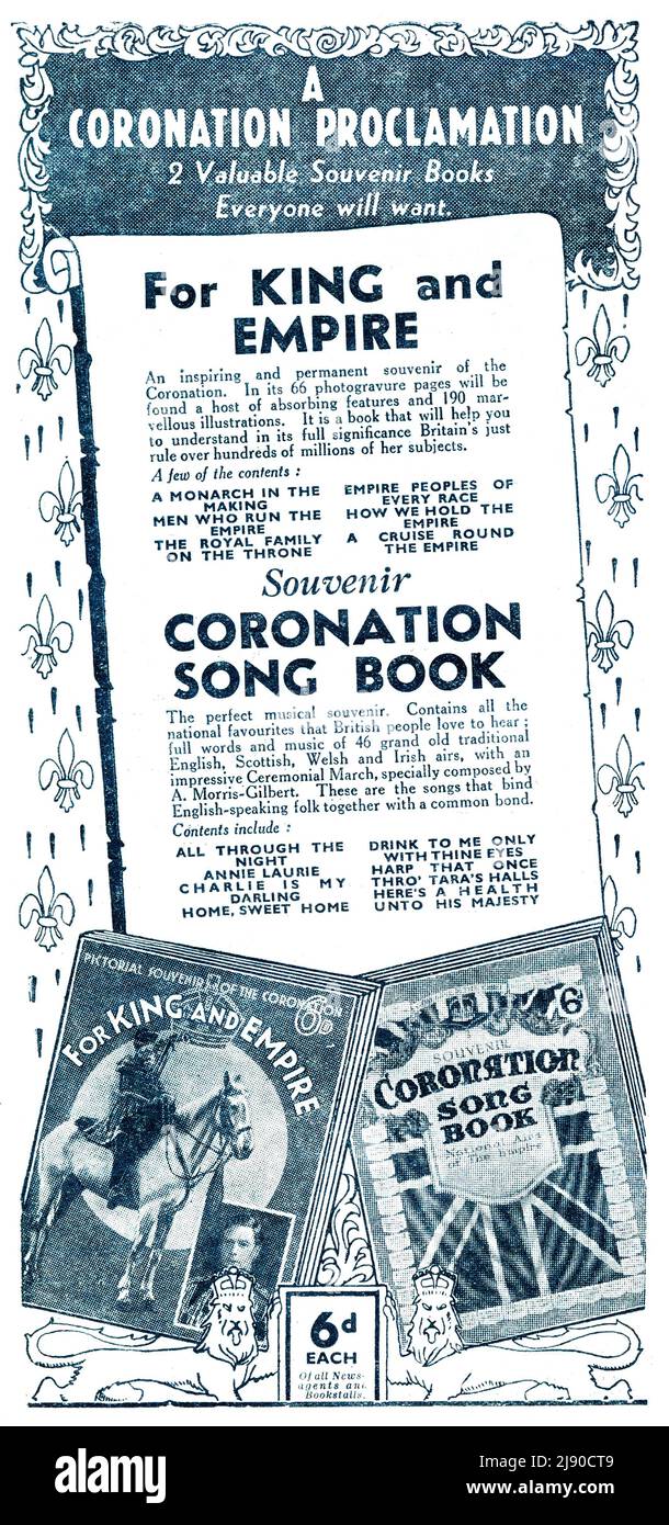 Proclamación de coronación para George VI anuncio de un libro de canciones en el Magnet, revista de aventuras para escolares para el 10 de abril de 1937: Para el Rey y el E Foto de stock