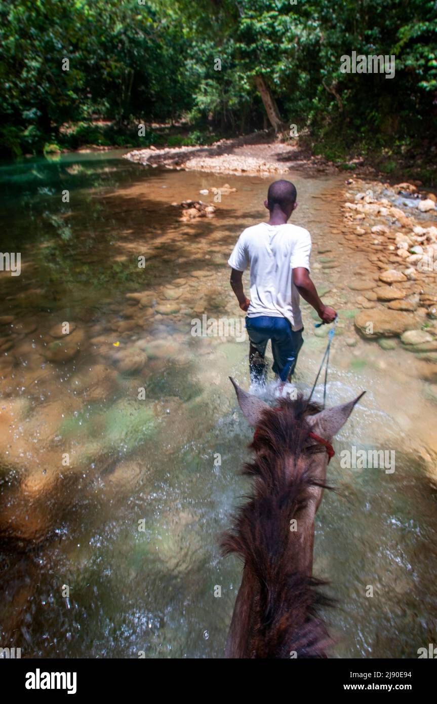 Los turistas viajan a la cascada Cascada el Limon, Reading Terrenas, península de Samana, República Dominicana Foto de stock