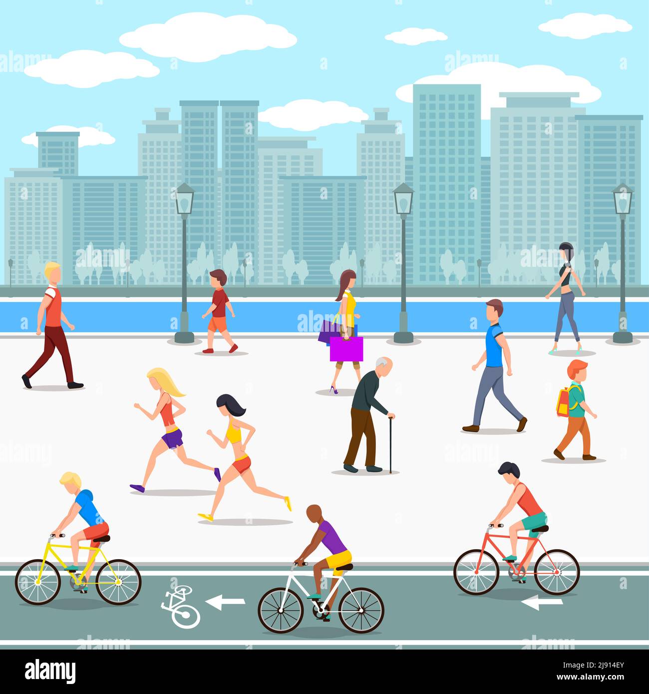 Grupo de personas en el paseo marítimo en la calle del río de la ciudad. Ilustración plana. Bicicleta vectorial y ocio de verano, estilo de vida activo, actividad humana caminar Ilustración del Vector