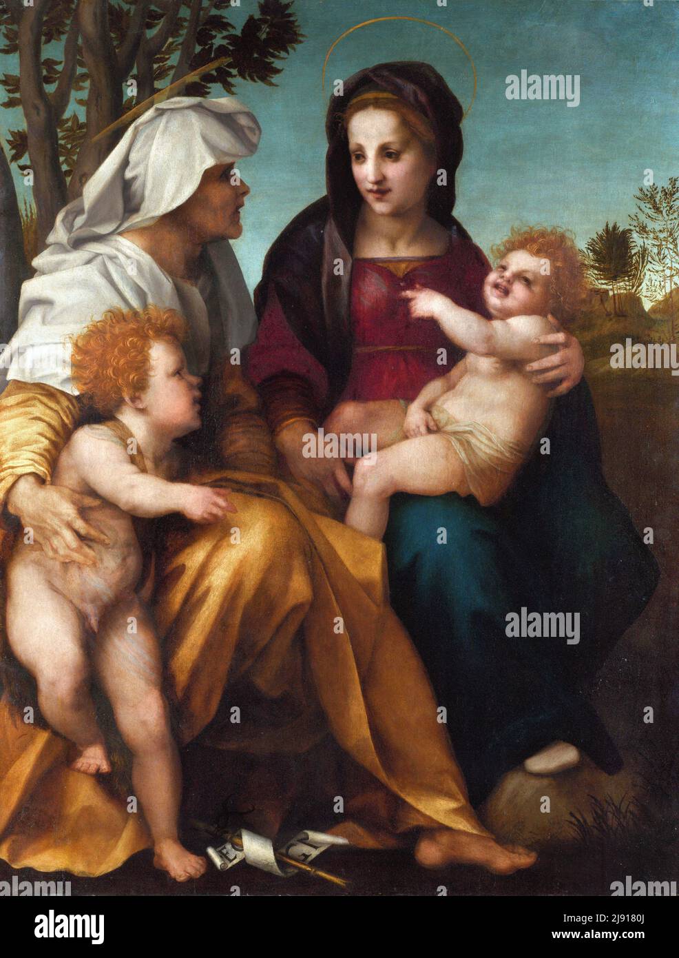 La Virgen y el Niño con Santa Isabel y San Juan Bautista por Andrea del Sarto (Andrea d'Agnolo: 1486-1530), aceite sobre madera, c. 1513 Foto de stock