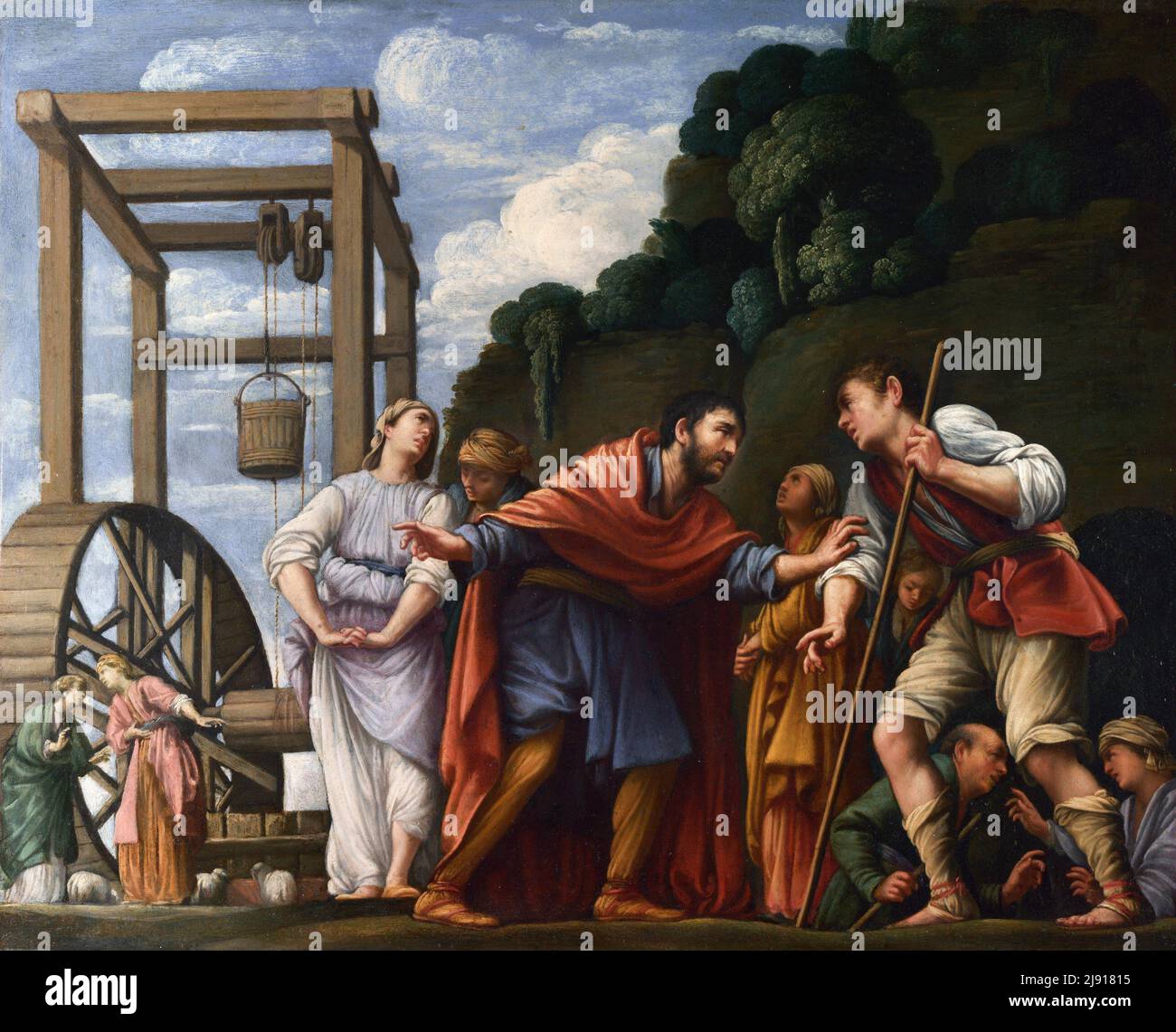 Moisés defendiendo a las Hijas de Jethro por el artista barroco italiano Carlo Saraceni (1579-1620), el petróleo sobre cobre, c. 1609/10 Foto de stock