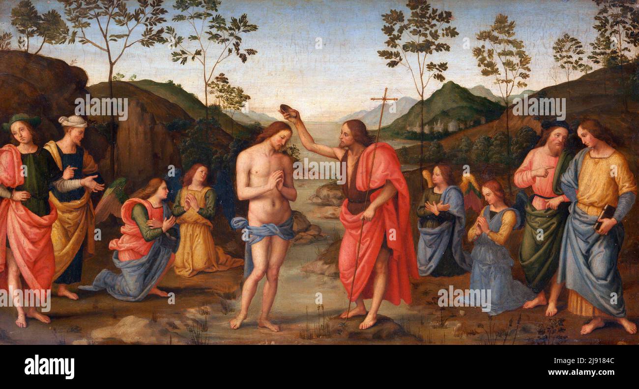 El Bautismo de Cristo, probablemente por Sassoferrato (Giovanni Battista Salvi da Sassoferrato, 1609-1685 - después de Pietro Perugino), óleo sobre lienzo montado sobre álamo, c. 1630-50 Foto de stock
