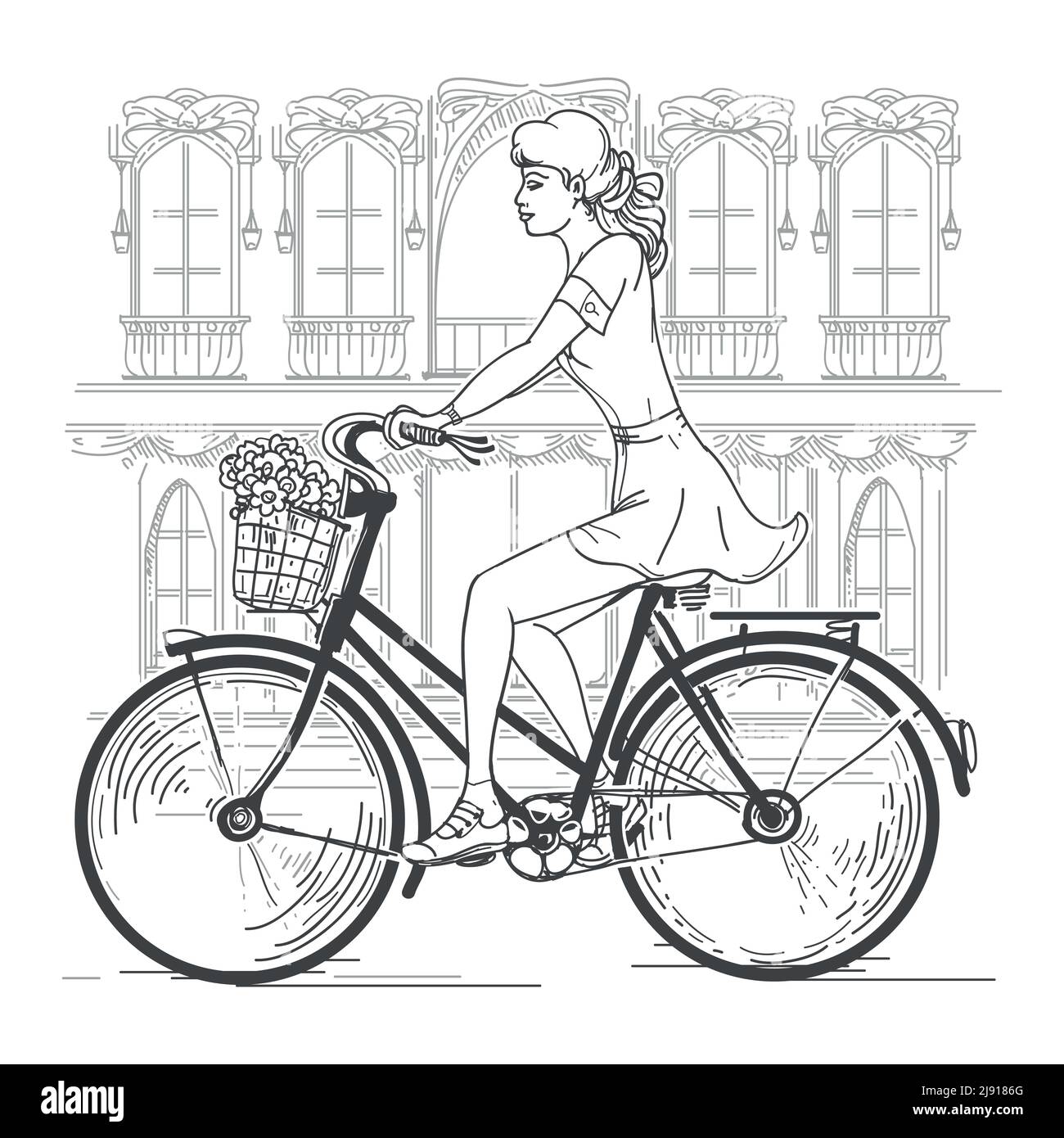 Chica ciclista en París. Ocio mujer joven, viajes urbanos, ciudad de la moda. Dibujo a mano hermosa niña en París vector ilustración Ilustración del Vector