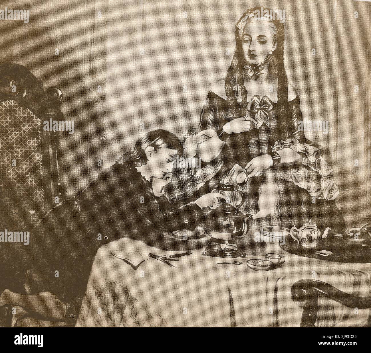 Una ilustración temprana que muestra al inventor escocés James Watt y a su madre mientras él ponderan la potencia del vapor en una hervidora. Foto de stock
