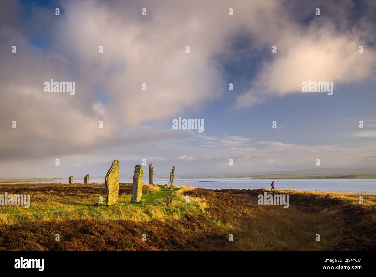 Walker on the Ring of Brodgar, Mainland, Orkney Isles, Escocia, Reino Unido Foto de stock