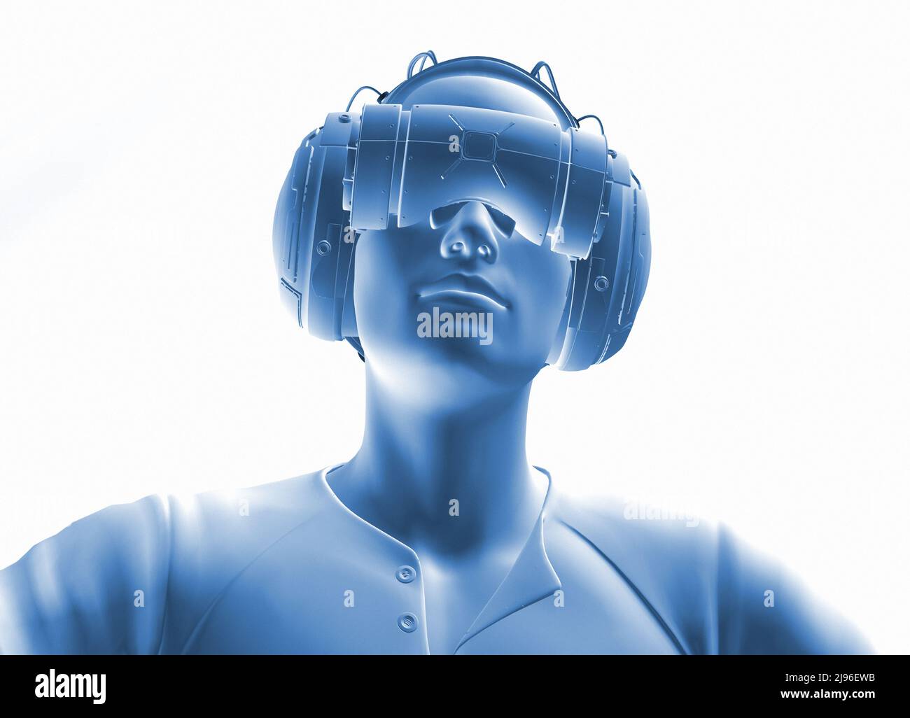 Hombre con un auricular de realidad virtual, ilustración Foto de stock