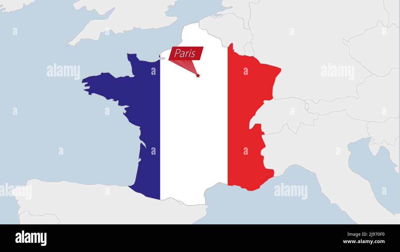 Mapa de Francia resaltado en Francia bandera colores y pin de la