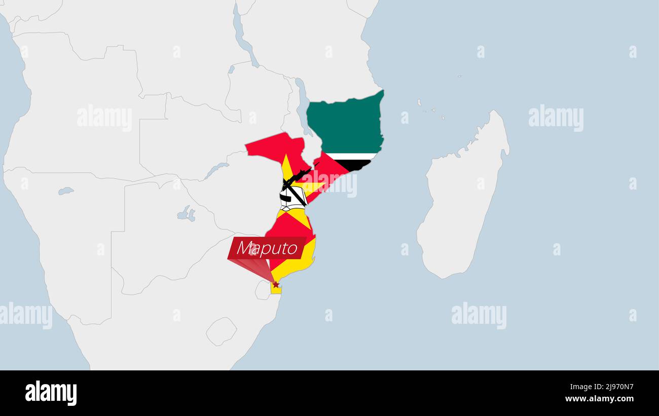 Mapa de Mozambique resaltado en los colores de la bandera de Mozambique y el eje de la capital del país Maputo, mapa con los países africanos vecinos. Ilustración del Vector