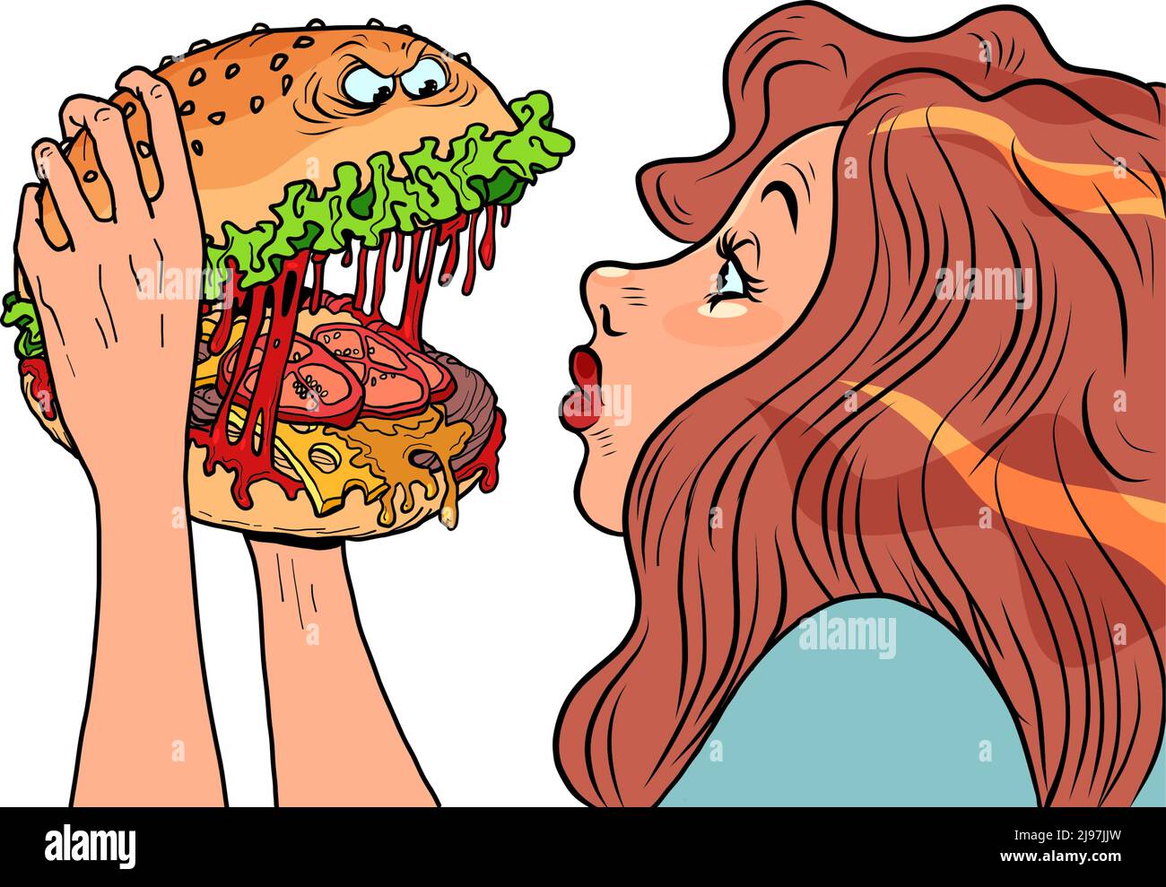 El personaje de la hamburguesa de monstruo pica a una mujer en un restaurante, comida rápida humor Ilustración del Vector