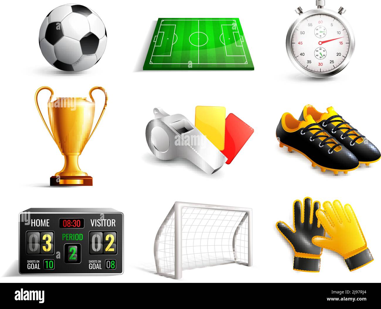Juego de fútbol de iconos 3d con campo, pelota, trofeo, marcador, silbato,  guantes y botas ilustración vectorial aislada Imagen Vector de stock - Alamy