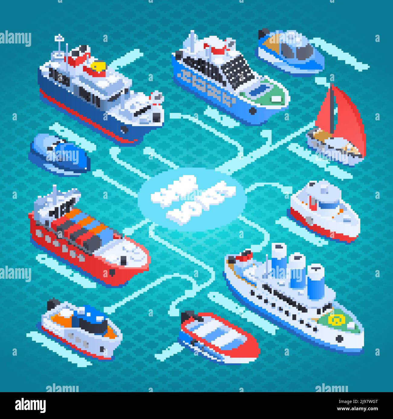 Diagrama de flujo isométrico de buques con buques de carga, transbordadores, cruceros, barcos de vela y barcos a motor sobre fondo turquesa ilustración vectorial Ilustración del Vector