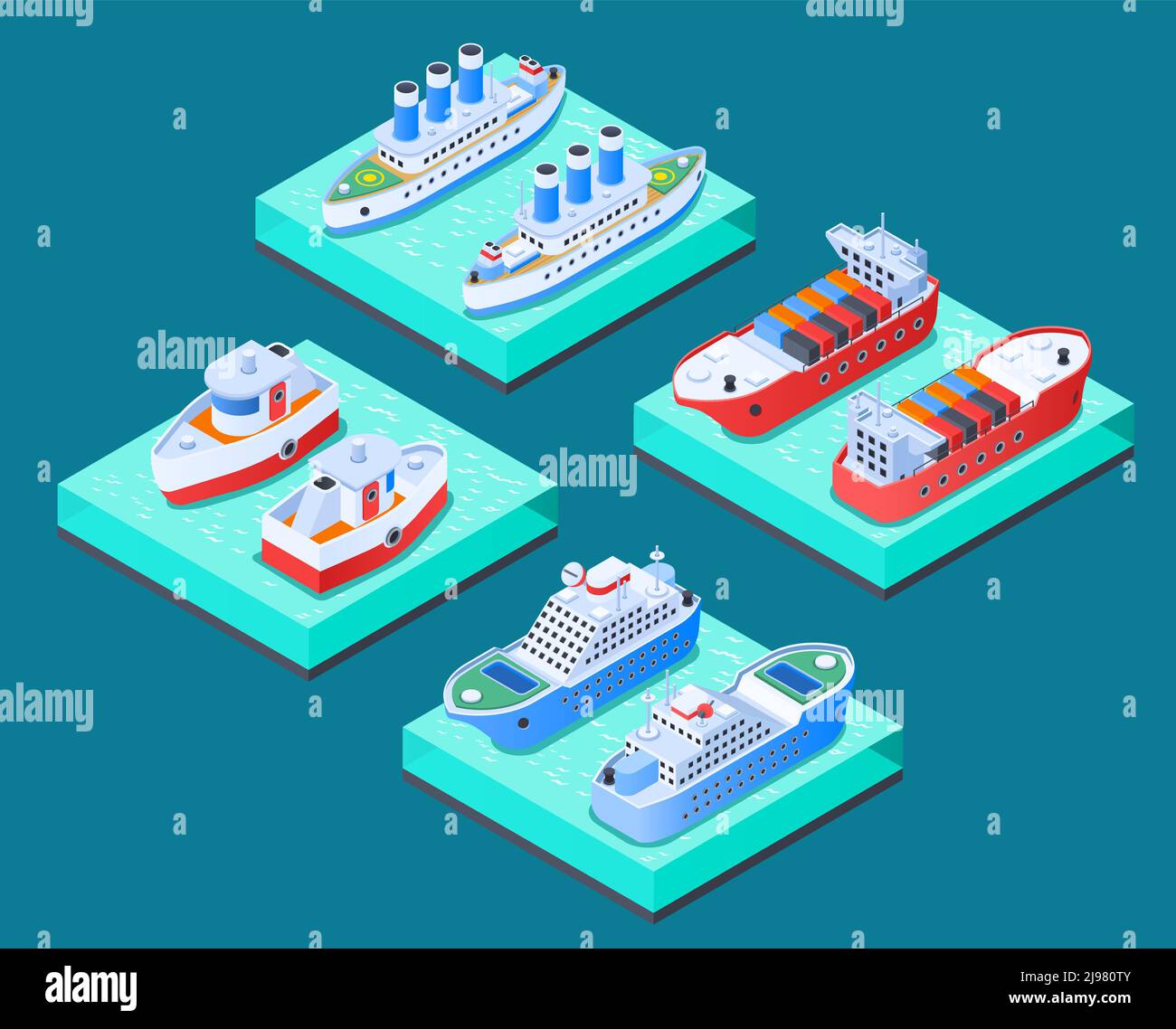 Barcos concepto de diseño isométrico con buques de carga, cruceros, yates, barcos de remolque, fondo turquesa ilustración vectorial aislada Ilustración del Vector