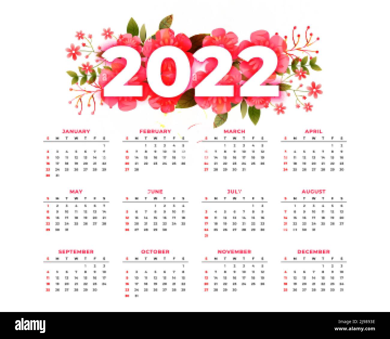 flores decorativas 2022 calendario de diseño para el año nuevo Imagen  Vector de stock - Alamy