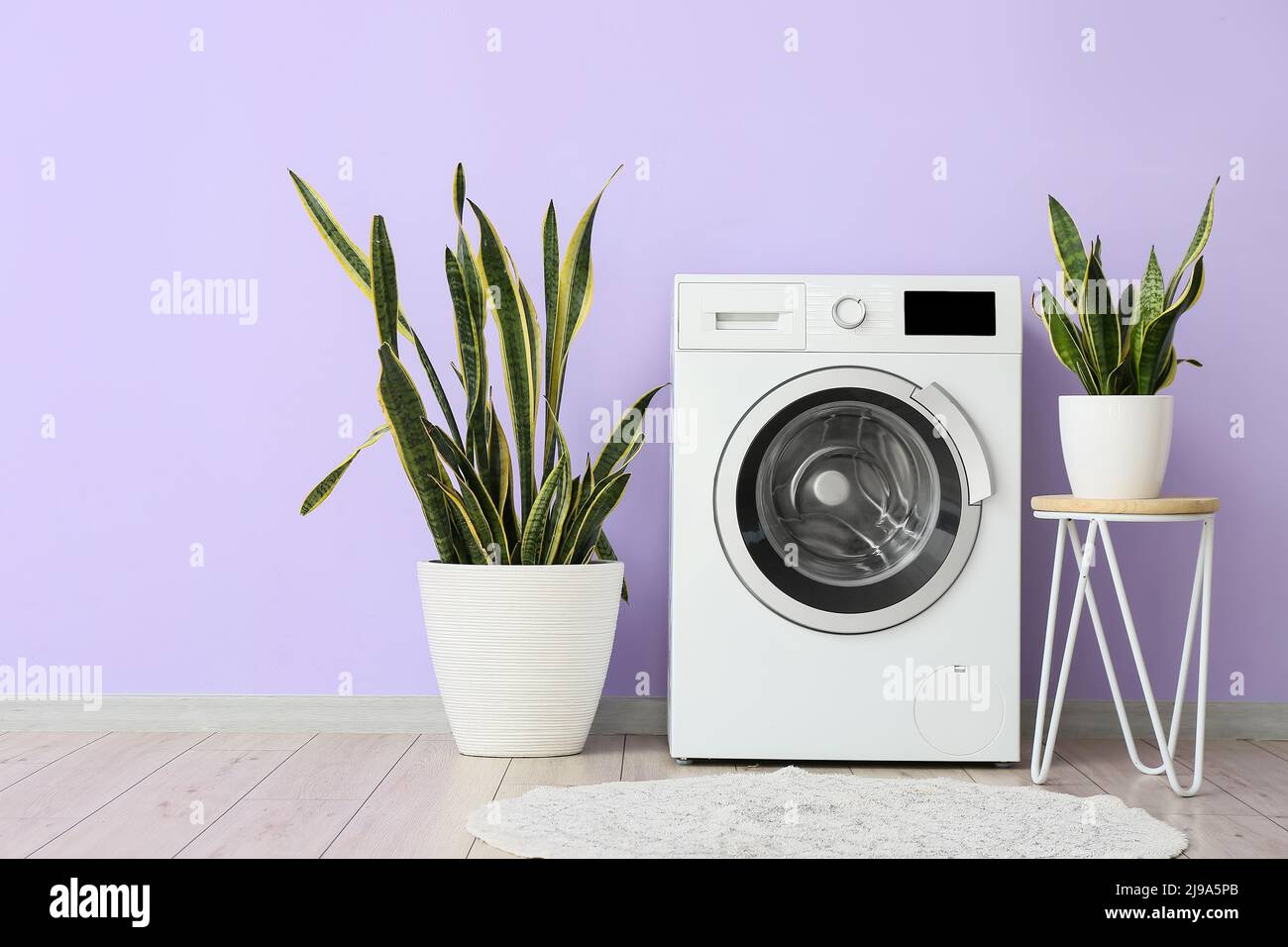 Lavadora moderna con lavadero y plantas cerca de la pared de color  Fotografía de stock - Alamy