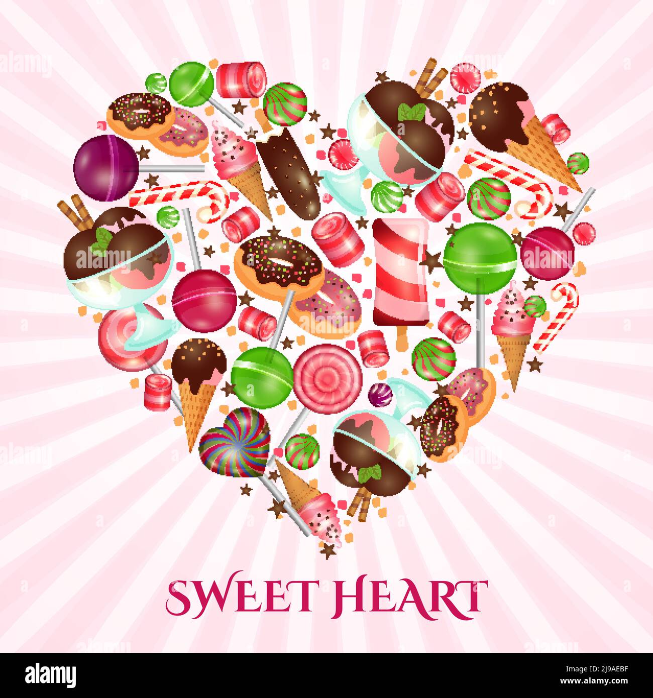 Póster de corazón dulce para tienda de dulces. Postre de comida, donut y dulces, pastel de confitería, ilustración vectorial Ilustración del Vector