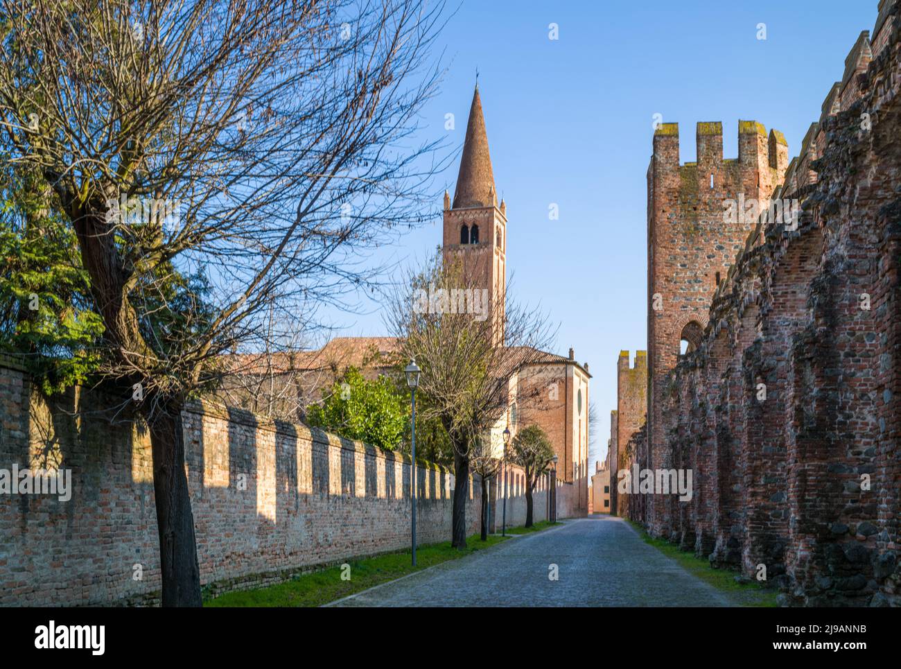 Italia, Montagnana, vista de la iglesia de San Francesco situado frente a las murallas medievales Foto de stock