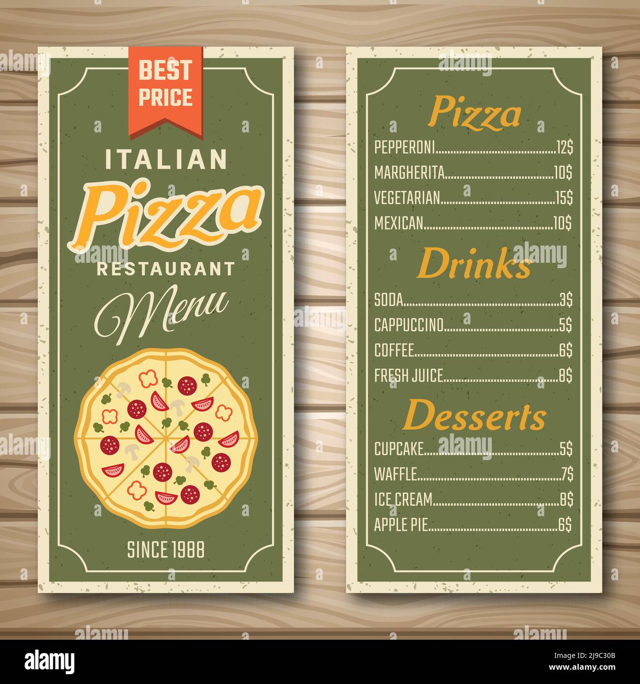 Menú del restaurante en color verde con pizza italiana bebidas postres sobre fondo de madera ilustración vectorial aislada Ilustración del Vector