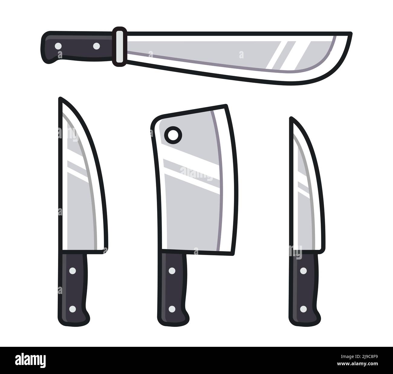 Conjunto de iconos de cuchilla de dibujos animados. Cuchillos de cocina, cornero de carne, machete. Conjunto de ilustraciones de imágenes vectoriales. Ilustración del Vector