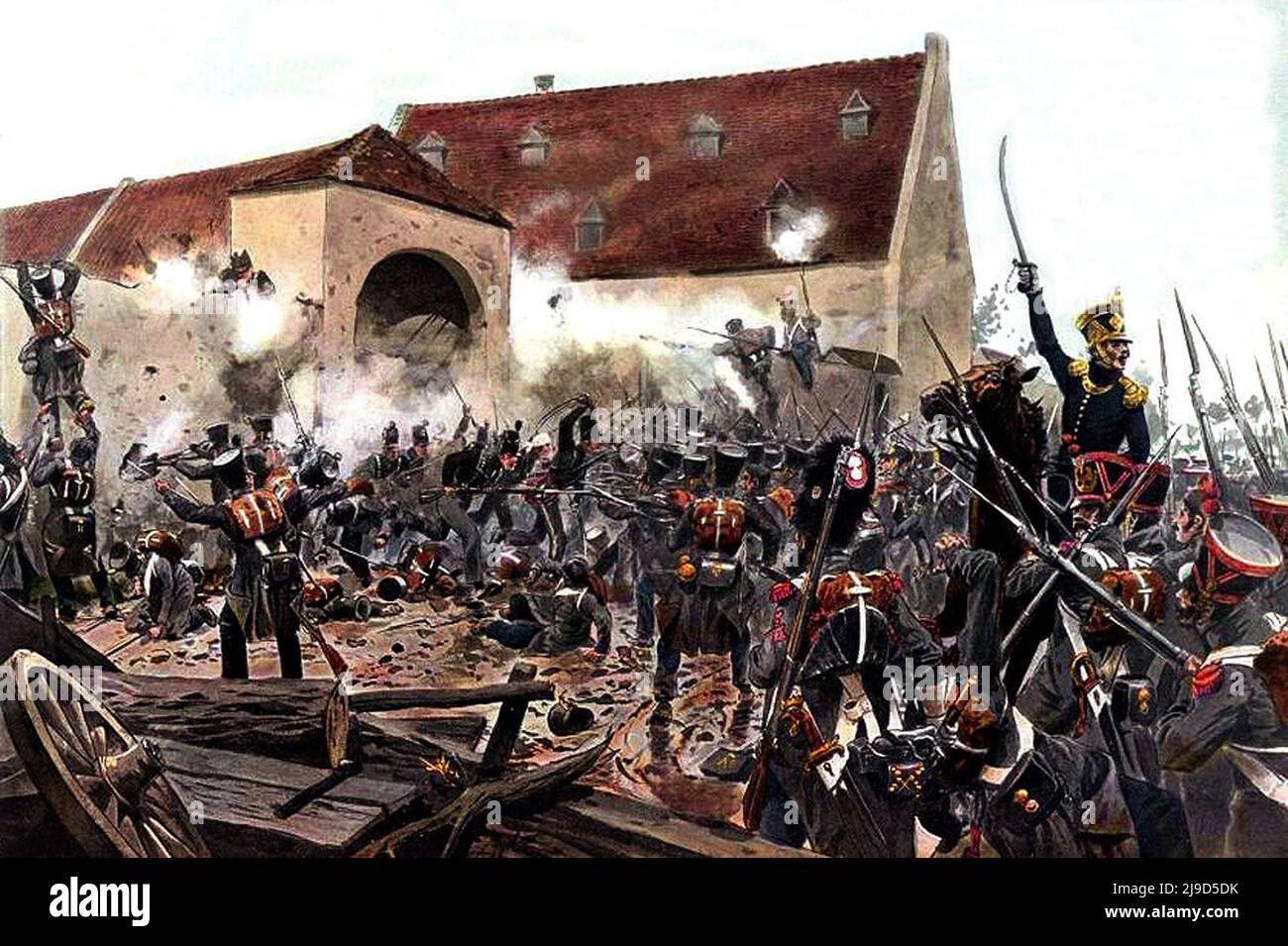 El asalto de La Haye Sainte A la Batalla de Waterloo en 1815. La imagen muestra el francés asaltando la granja. Pintura del artista Richard Knotel, imagen de dominio público en virtud de la edad. Foto de stock