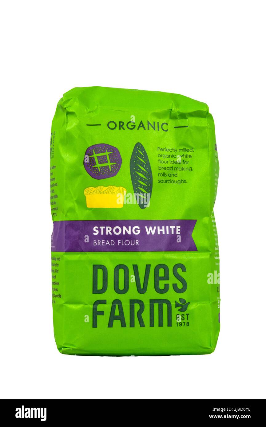 Una bolsa de harina de pan blanco fuerte orgánico de la granja de palomas. Foto de stock