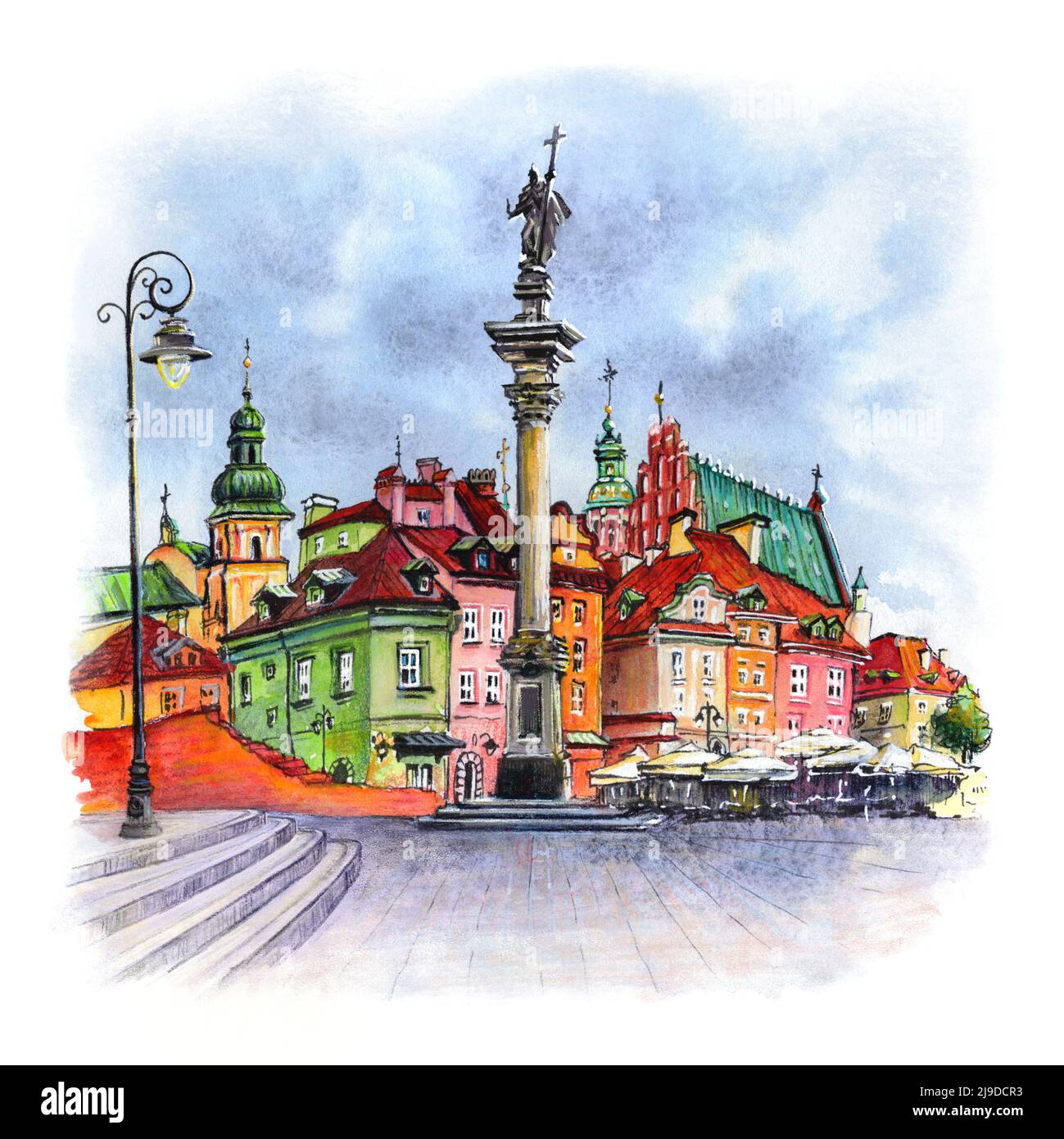 Boceto acuarela de la Plaza del Castillo en el casco antiguo de Varsovia, Polonia. Foto de stock
