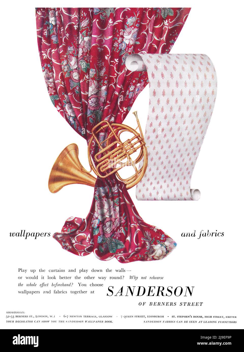 1954 Anuncio británico para el papel pintado y las telas de Sanderson. Foto de stock