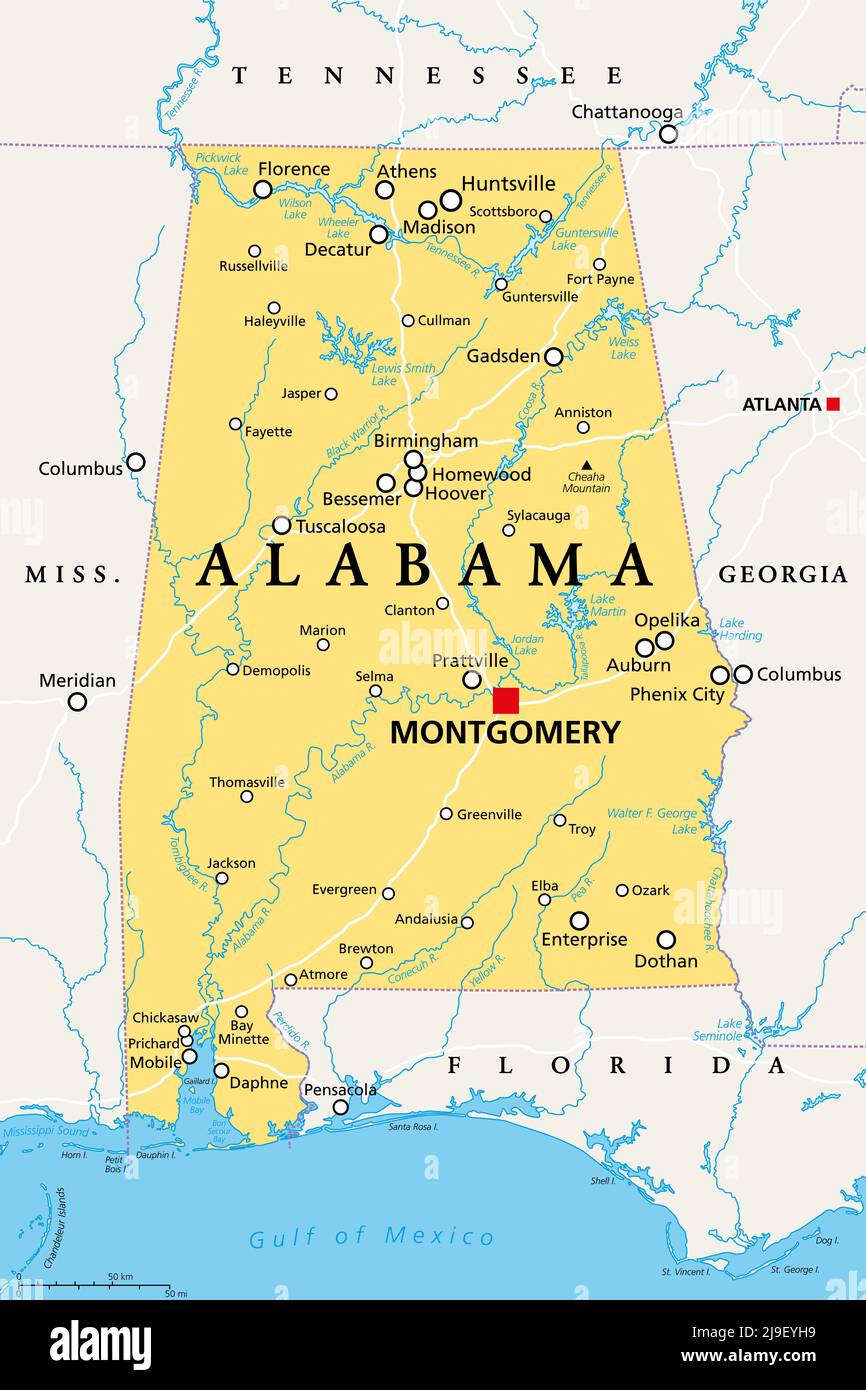 Alabama AL mapa político con la capital Montgomery ciudades ríos y Alabama AL mapa político con la capital Montgomery ciudades ríos y