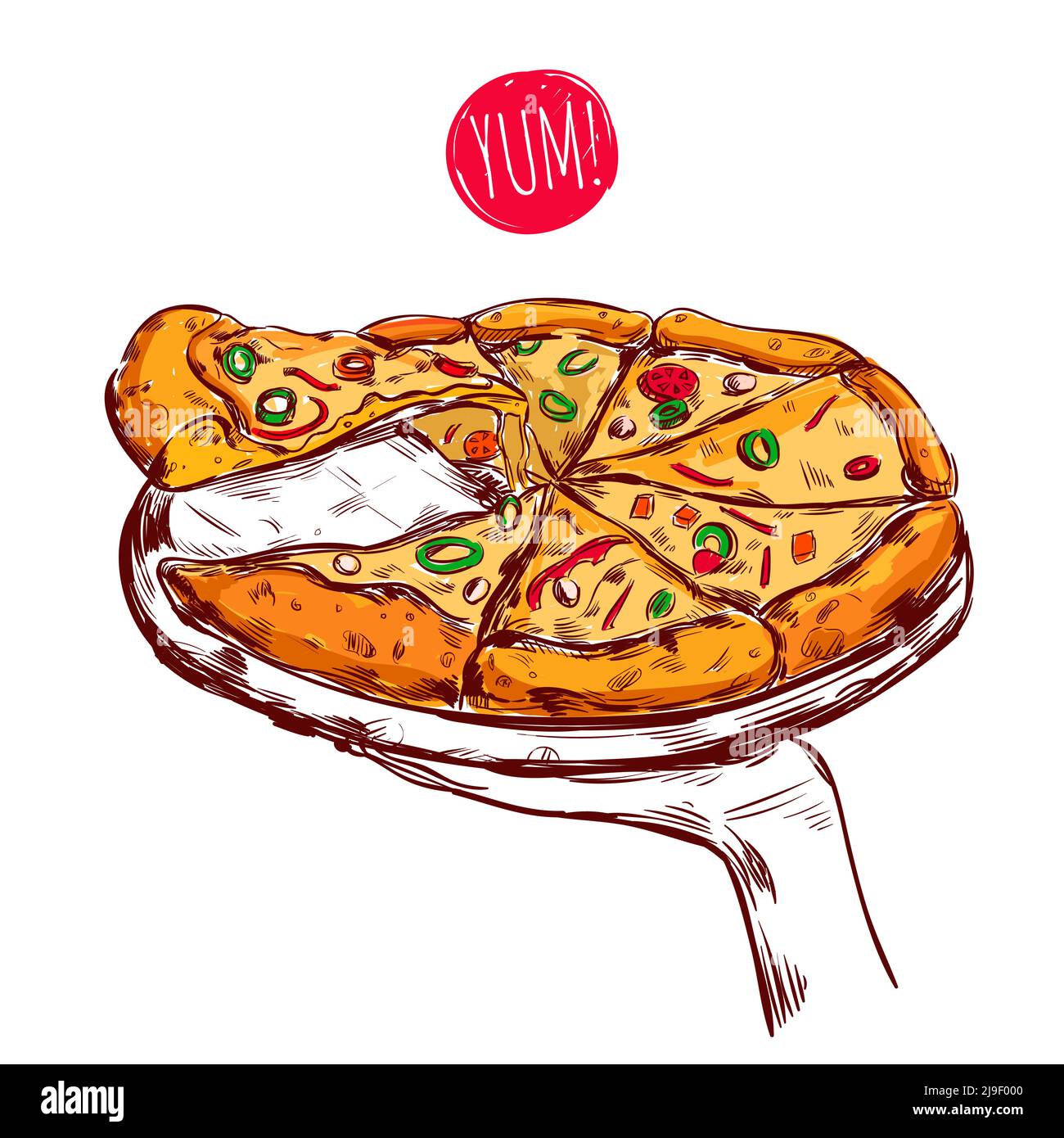 Concepto de cocina italiana con plato de mano con pizza ilustración vectorial aislada de estilo de croquis Ilustración del Vector