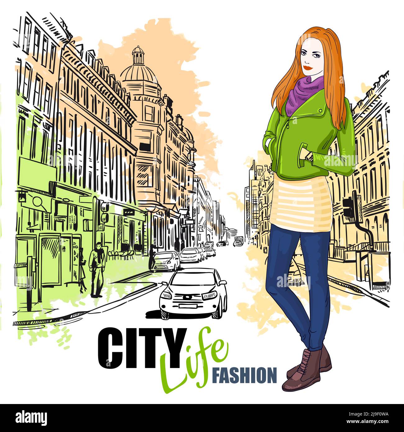 Dibujo de color moda ciudad calle cartel con chica en la ciudad y estilo lápiz dibujado ilustración vectorial Ilustración del Vector