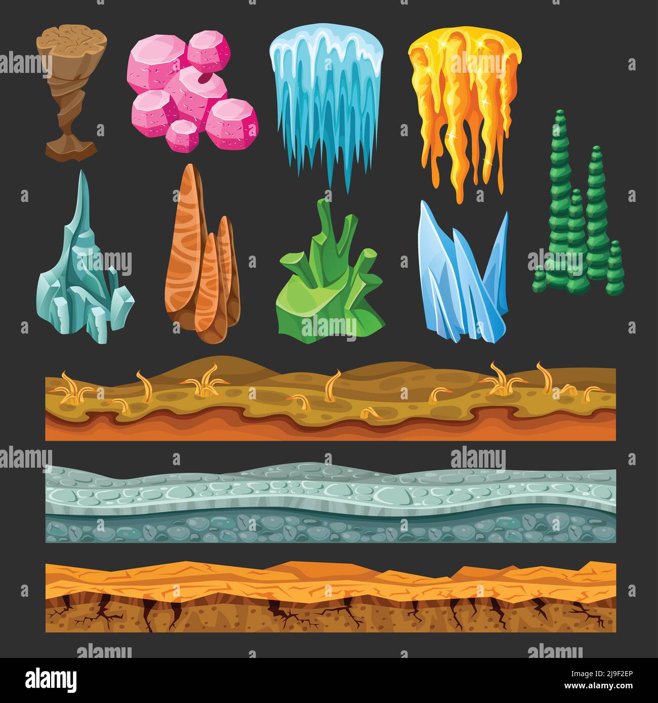 Coloridos elementos del paisaje de juego con rocas cristales de arbusto de hielo árboles y diferentes superficies ilustración vectorial aislada Ilustración del Vector