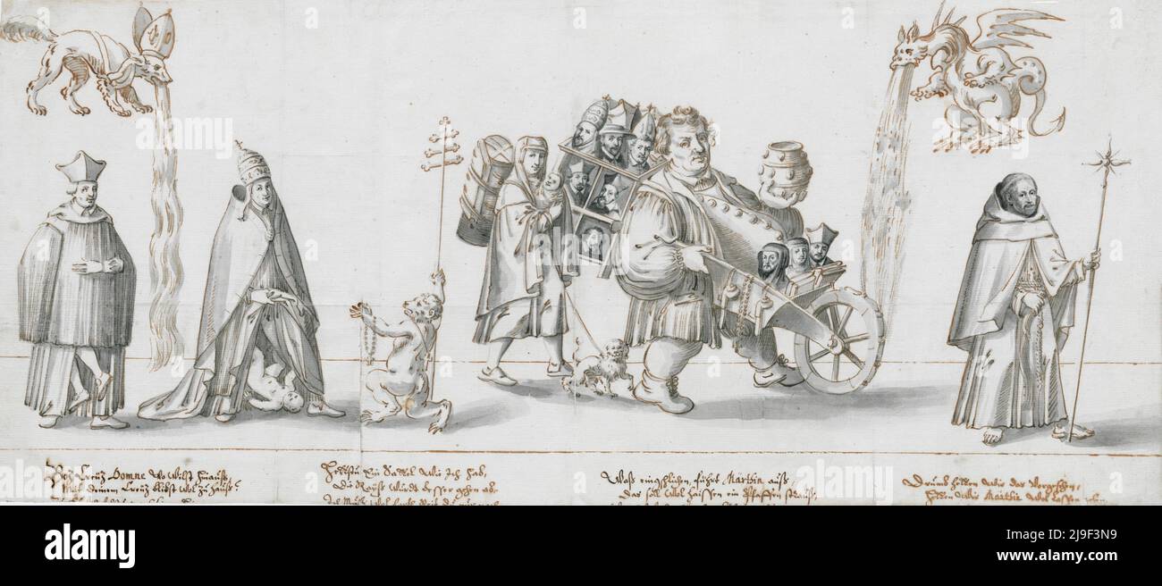 La hoja satírica del siglo 17th sobre Lutero y el Papado. 1617 Foto de stock