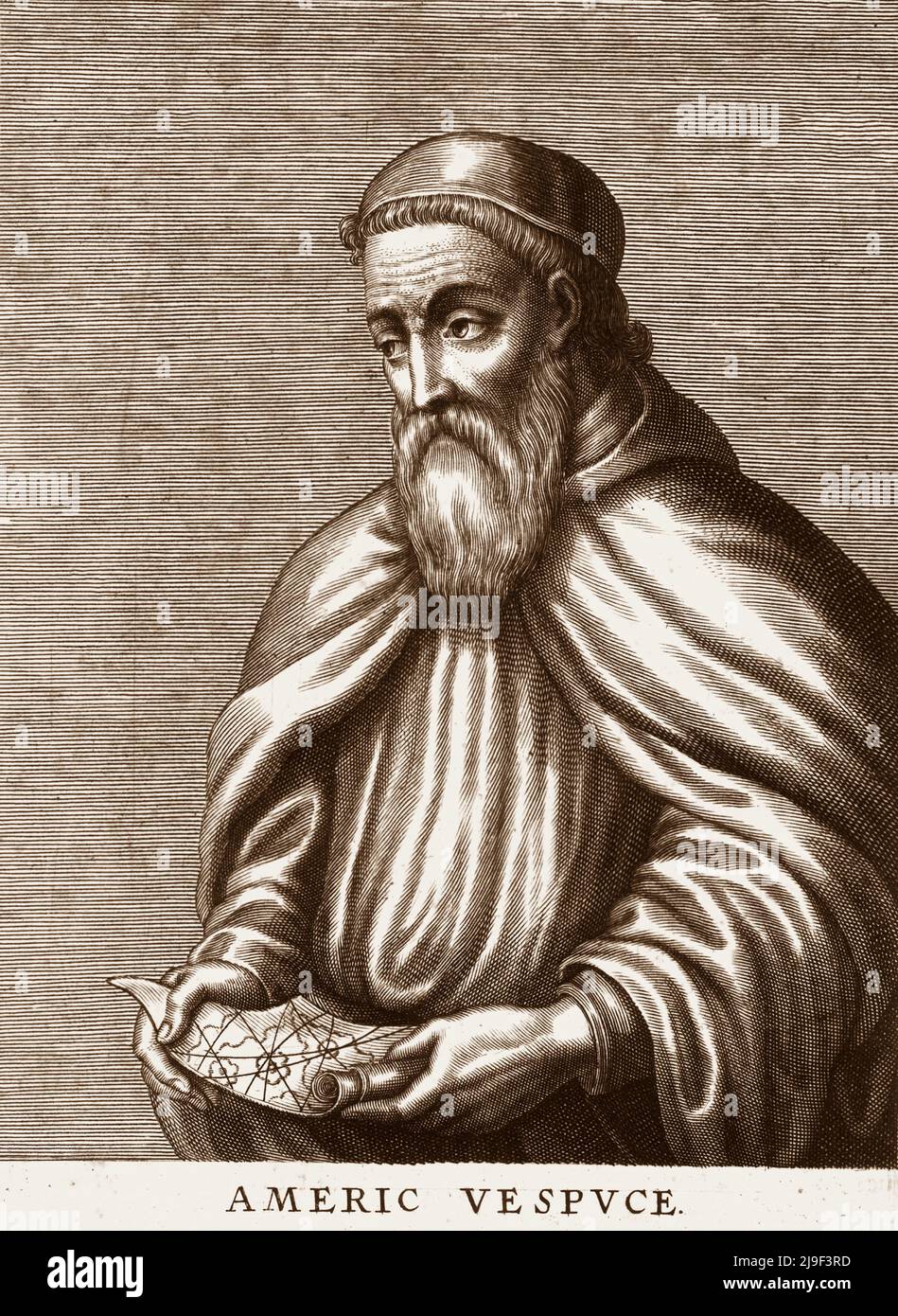 Retrato grabado de Amerigo Vespucci. Amerigo Vespucci (1451-1512) fue un comerciante italiano, explorador, y navegante de la República de Florencia, Foto de stock