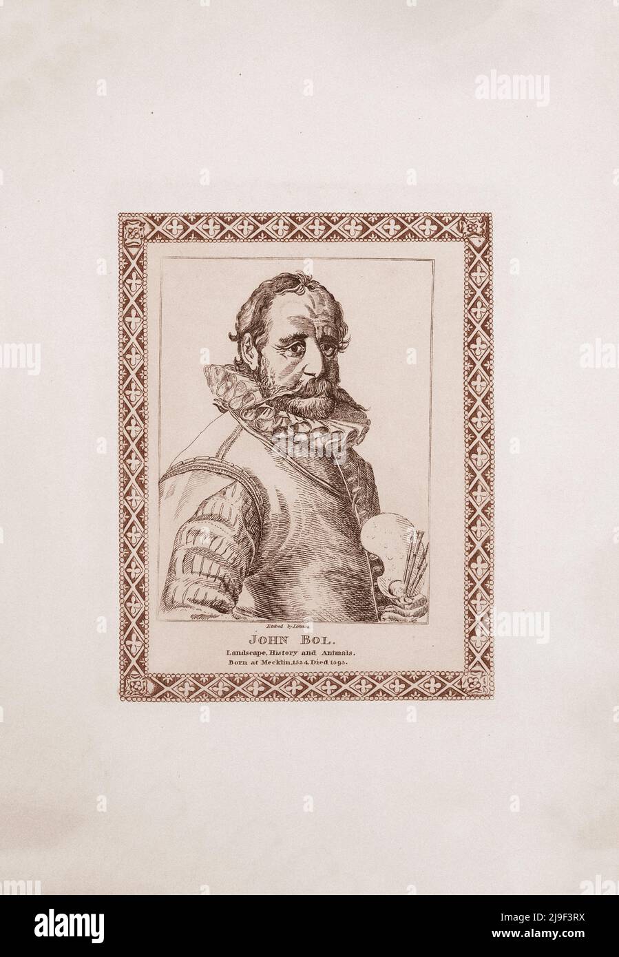 Grabado retrato de Hans (John) Bol. Por James Girtin. 1817 Hans Bol o Jan Bol (1534 – 1593), fue un pintor flamenco, artista impreso, pintura miniaturista Foto de stock