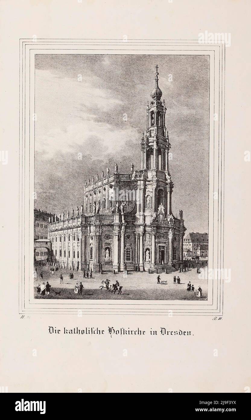 Grabado del siglo 19th de la Catedral de Dresde (Iglesia Católica de la Corte Real de Sajonia). Alemania Foto de stock