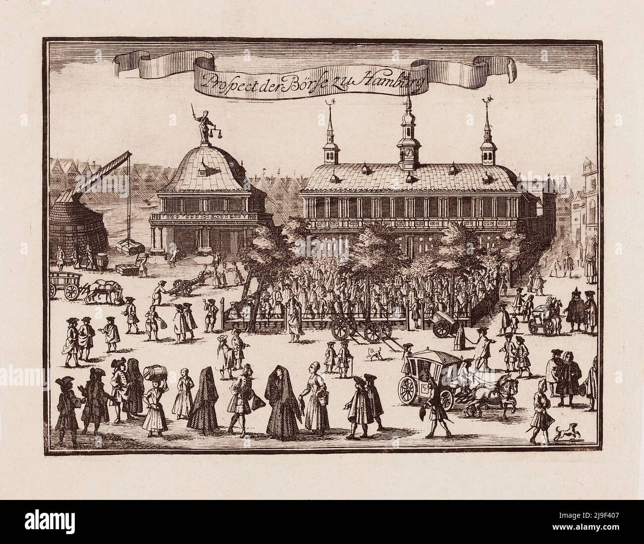 Grabado del siglo 18th de la perspectiva de la Bolsa de Hamburgo. La Bolsa de Hamburgo (en alemán: Hamburger Börse) es la bolsa de valores más antigua Foto de stock
