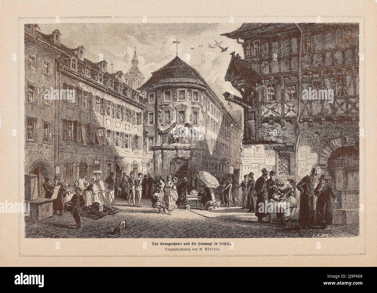 Grabado del siglo 19th de Georgenhaus (Hospital St. Georg) y Zur Heuwaage en Leipzig. Por Richard Püttner (1842-1913) El Hospital San Georg (más tarde A Foto de stock