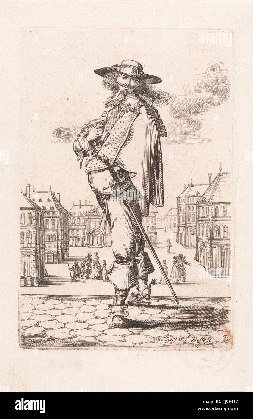 Grabado de noble francés con espada y daga a lo largo de su lado, vestido de acuerdo a la moda de Ca. 1630, Abraham Bosse, después de Jean de Saint-Ig Foto de stock